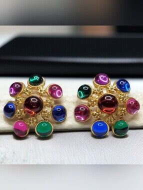 Vintage 1980's Gold Glass Cabochon Jewel Tone Mogul Clip-on Earrings